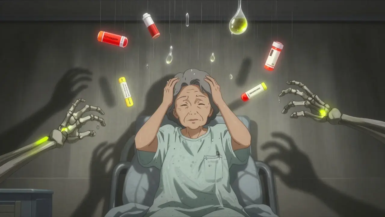 Elderly woman surrounded by glowing red prescription labels as alcohol molecules drip like rain.