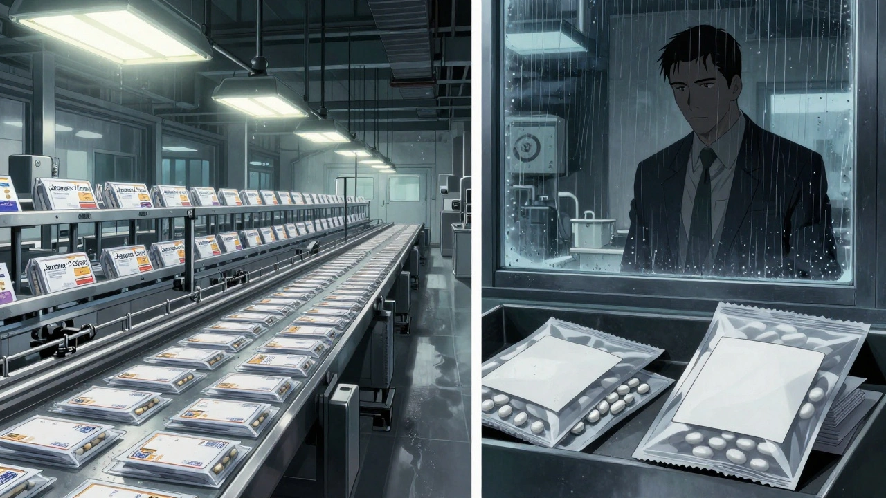 Factory assembly line showing identical pills being packaged under branded and plain labels.