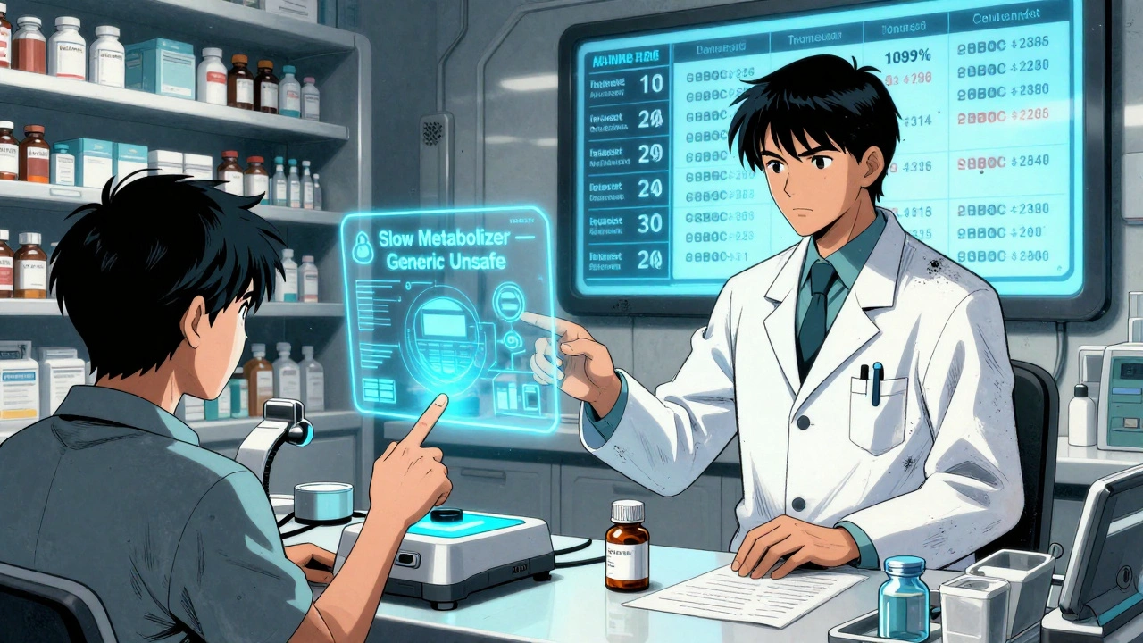 Genetic scanner glowing over a patient&#039;s finger with holographic warning about unsafe generic medication in a futuristic pharmacy.