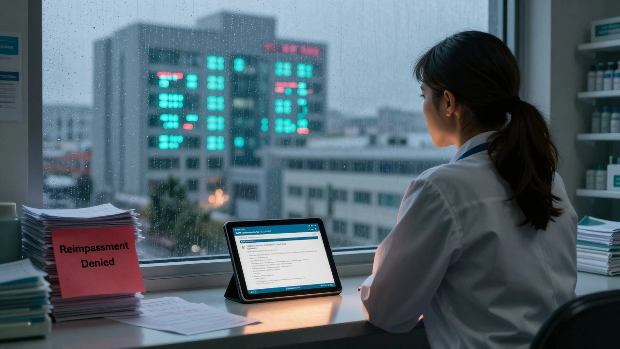 Independent pharmacist gazing at a hospital with financial hardship and a hope-filled notice about future reimbursement.