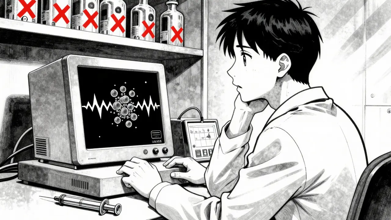 Lab technician facing failed generic injector and misaligned nanoparticles.