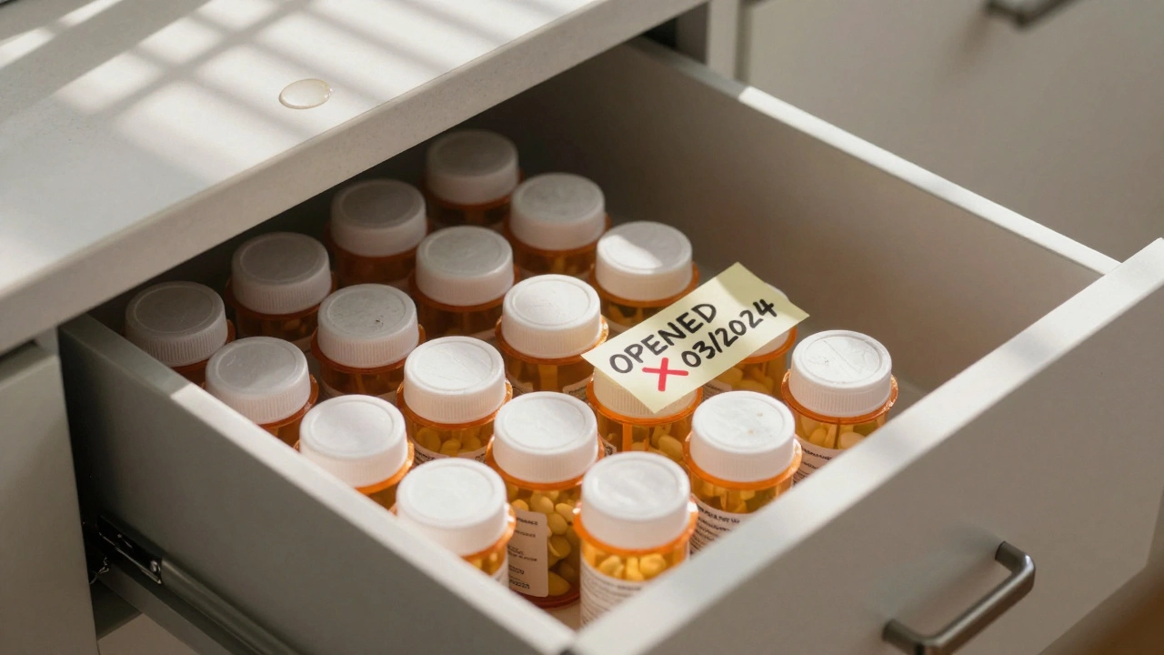 Organized pill bottles in a kitchen drawer, each with a sticky note showing expiration dates, one crossed out.