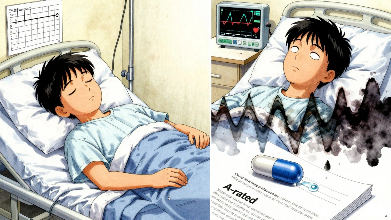 Patient in hospital bed with spiked heart monitor beside a peaceful sleeping version of themselves, showing drug absorption differences.