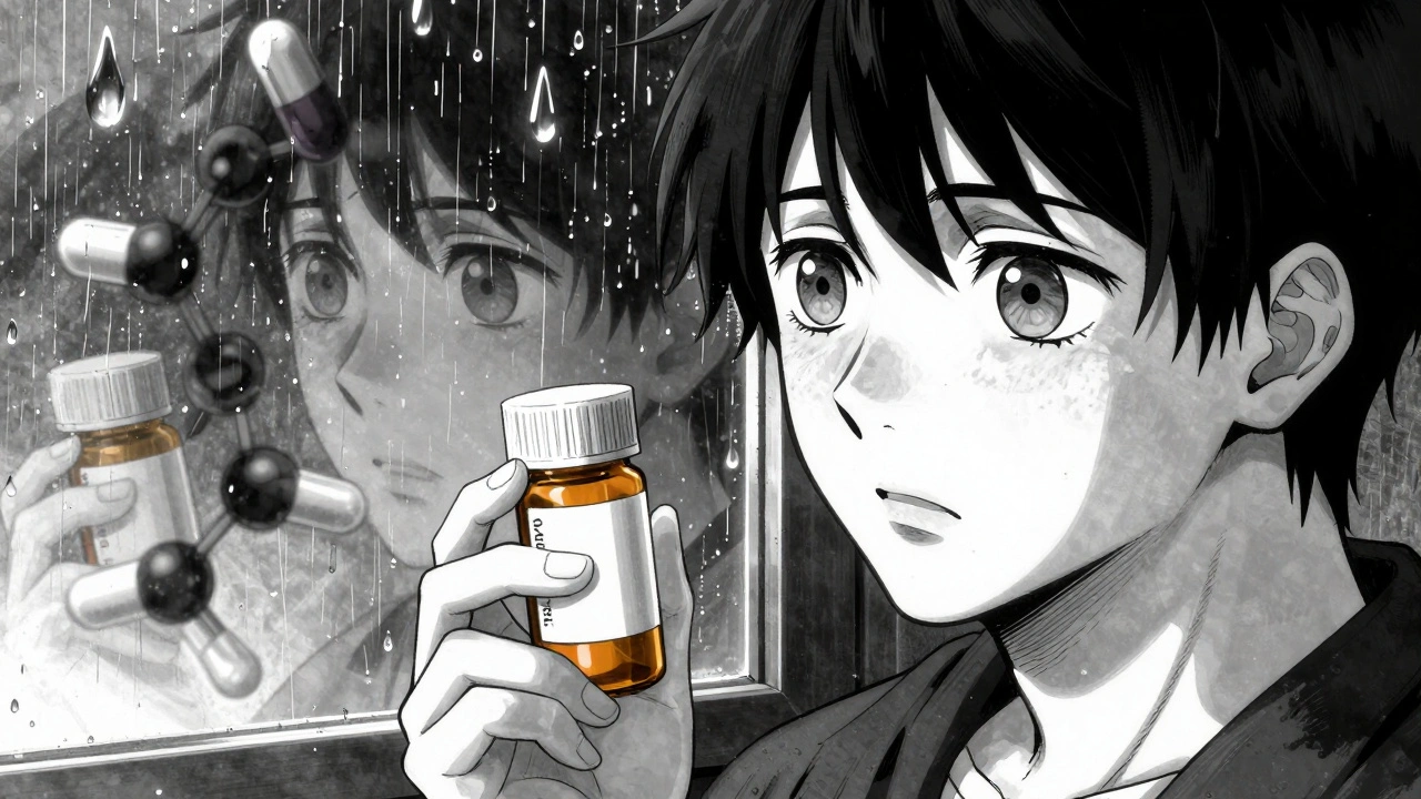 Patient staring at two pill bottles, drug molecules reflected in their eyes.