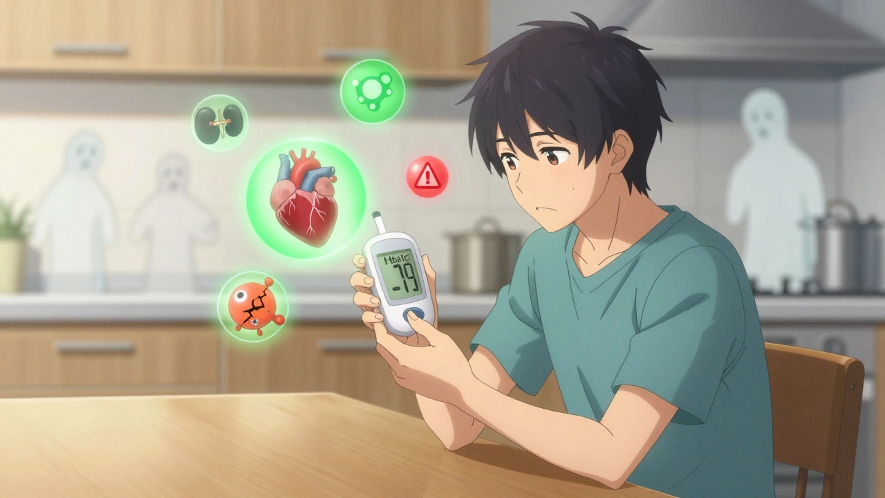 Patient with blood glucose monitor as floating health icons glow around them.