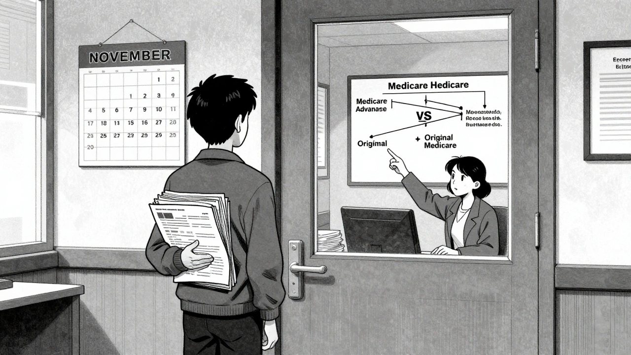 Person meeting with Medicare counselor in community center, holding medical documents.