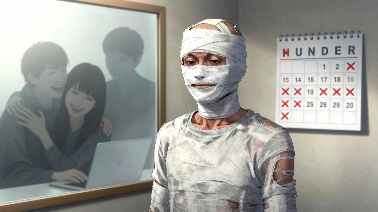 Person staring at mirror with face bound by thickened skin, ghostly past selves fading behind