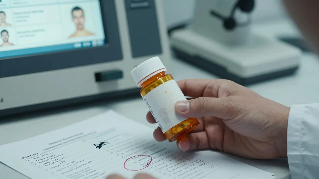 Pharmacist&#039;s hand holding pill bottle beside crumpled records with conflicting birthdates and names.