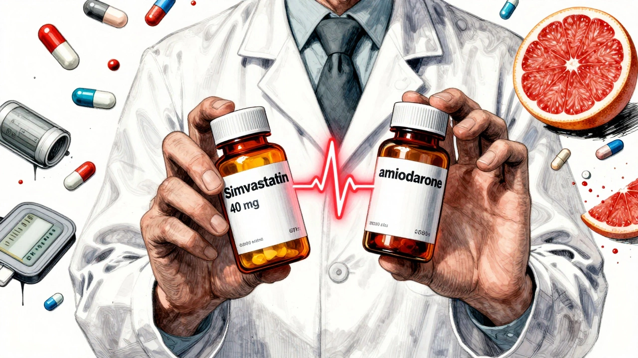 Pharmacist&#039;s hands holding conflicting medications with a pulsing red warning symbol between them.
