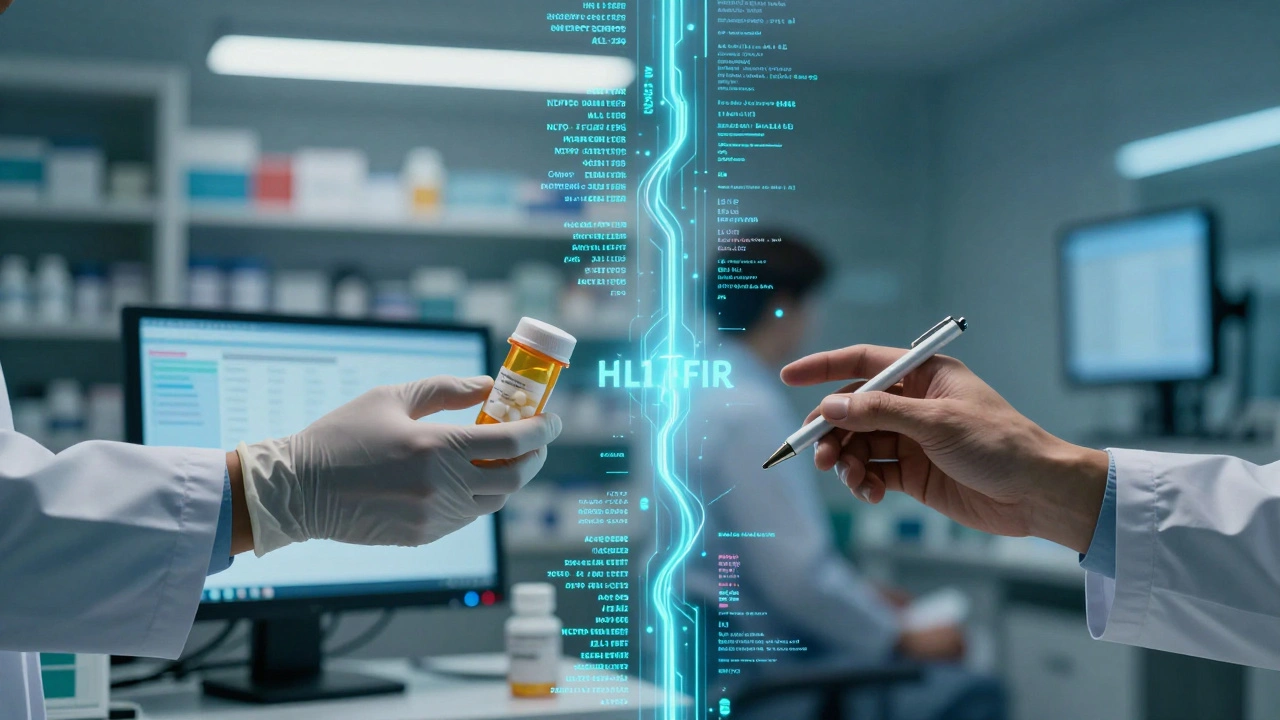 Pharmacist and doctor exchanging encrypted health data through a glowing digital bridge between two rooms.