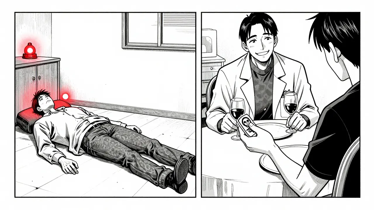 Pharmacist giving warning sticker while split-screen shows life or death outcomes.