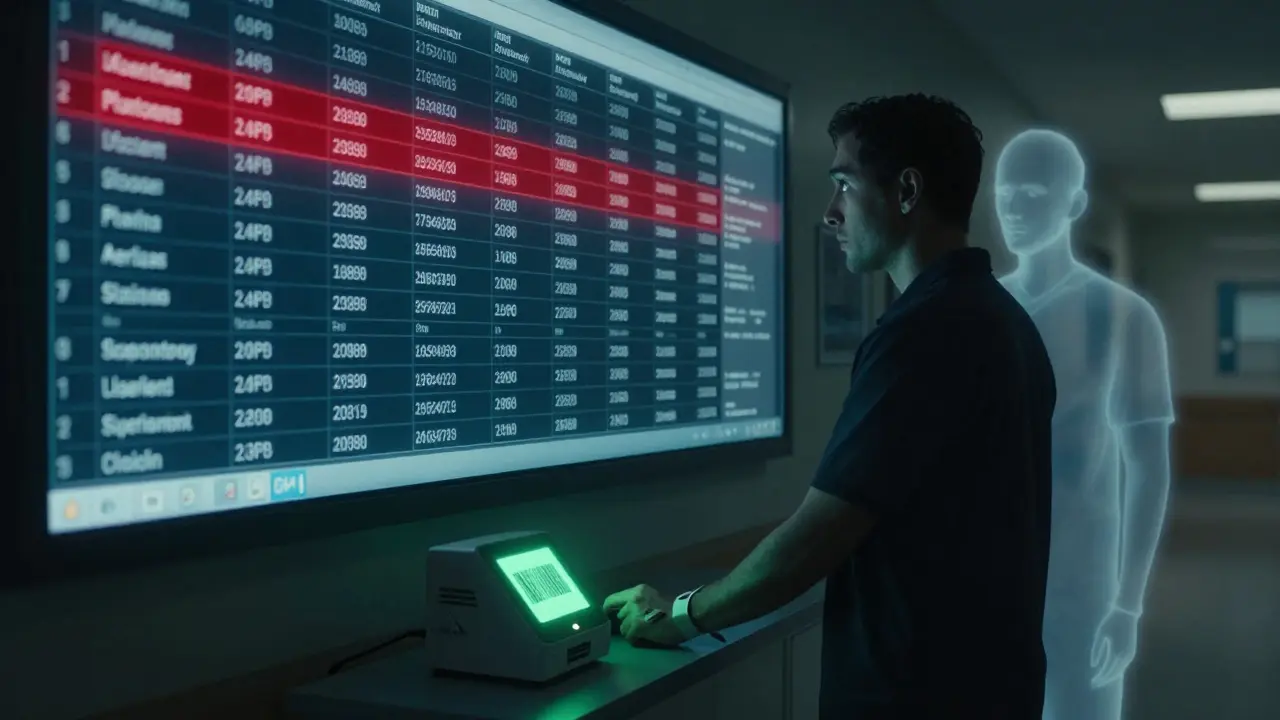 Silhouette of pharmacist scanning wristband as digital patient record wall glows red with duplicate profiles.