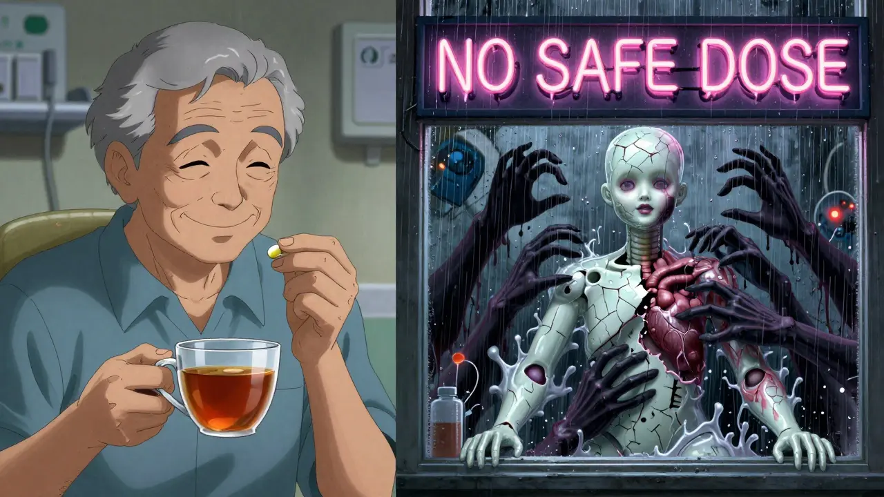 Split image: a person taking ibuprofen on one side, their body cracking with fluid on the other, under a warning sign.