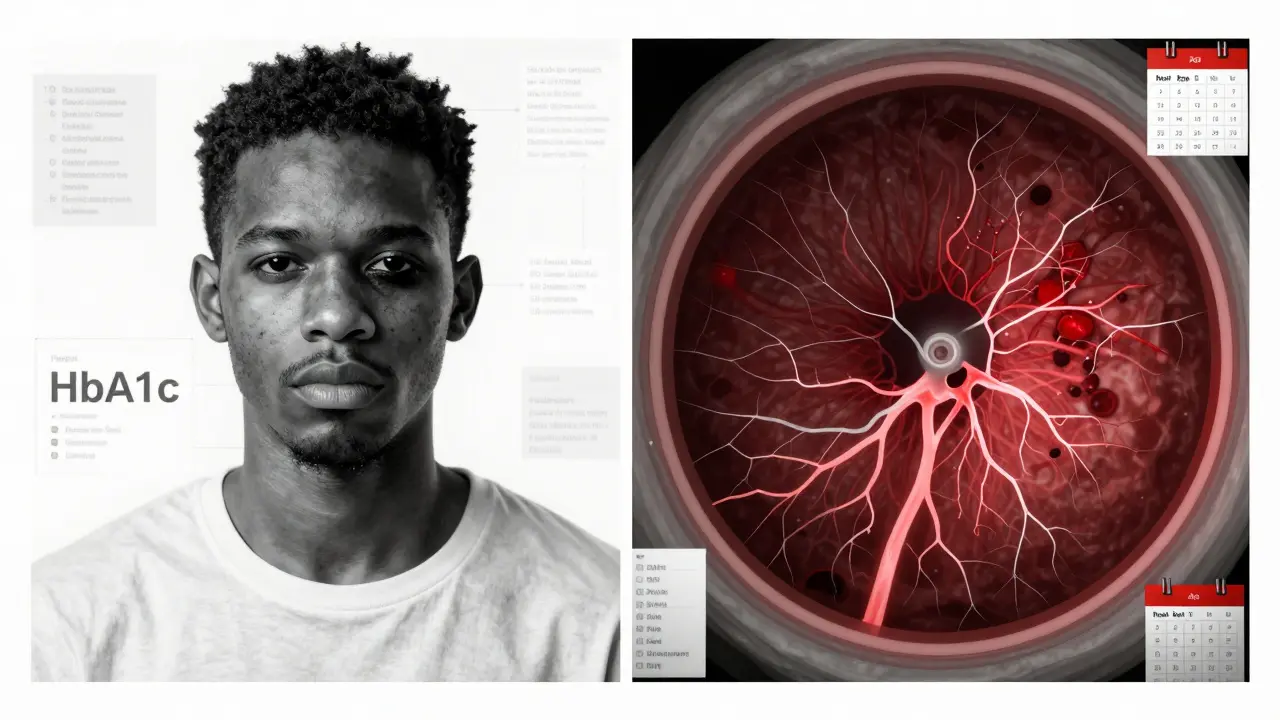 Split image showing healthy eye and hidden retinal damage with AI analysis overlay.