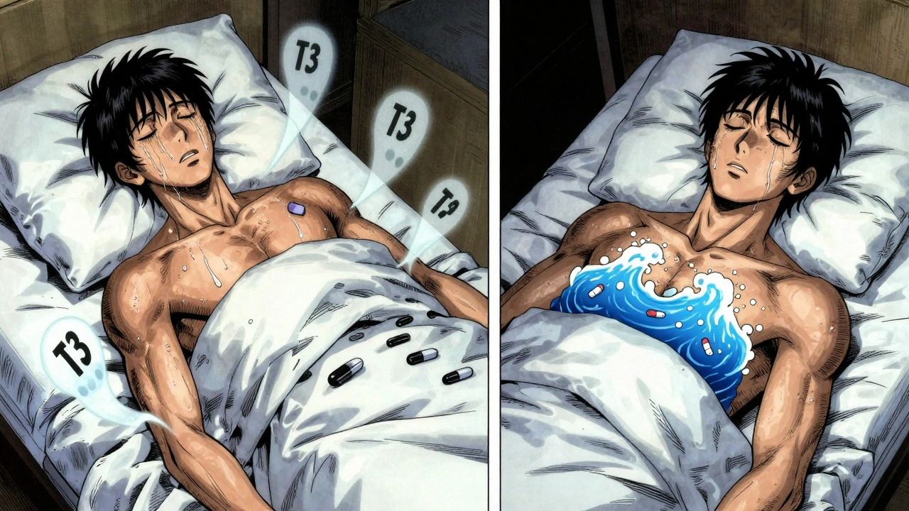 Split scene: chaotic hyperthyroidism vs calm recovery with propranolol symbolism