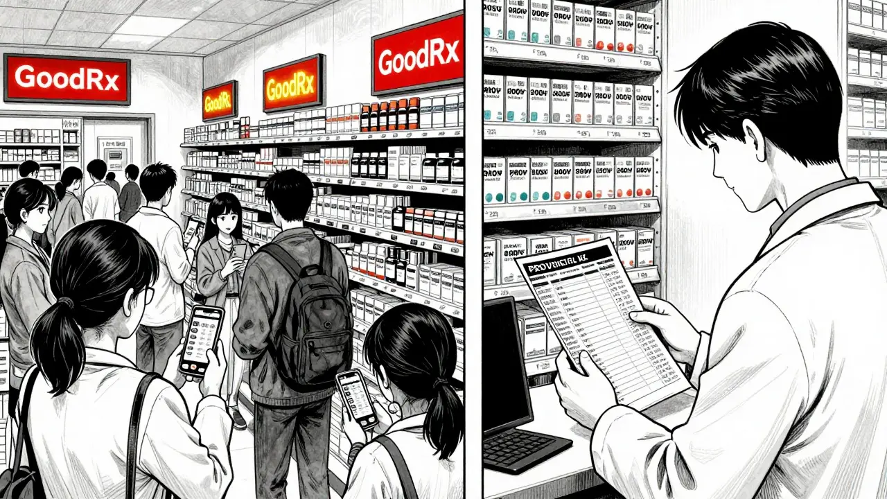 Split scene: chaotic U.S. pharmacy with customers using phones vs. calm Canadian pharmacy with price lists.