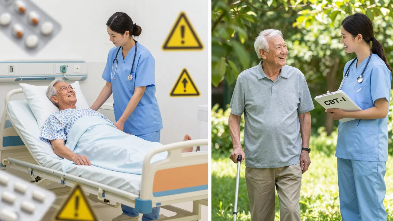 Split scene: elderly person falling in hospital vs. walking safely in sunlight with a sleep therapist.