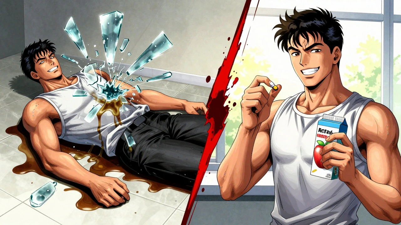 Split scene: man collapsing from muscle damage vs. same man safe with safer medication and apple juice.