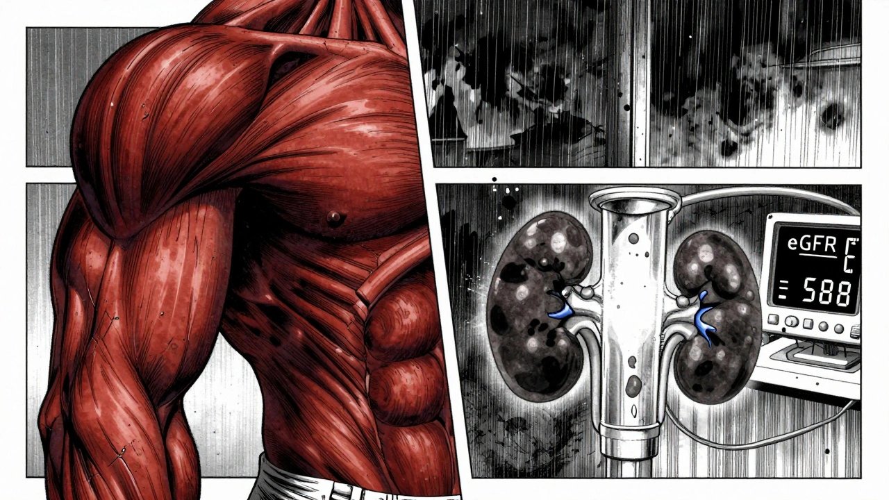 Split scene showing muscle damage and kidney protein leakage with medical monitor.