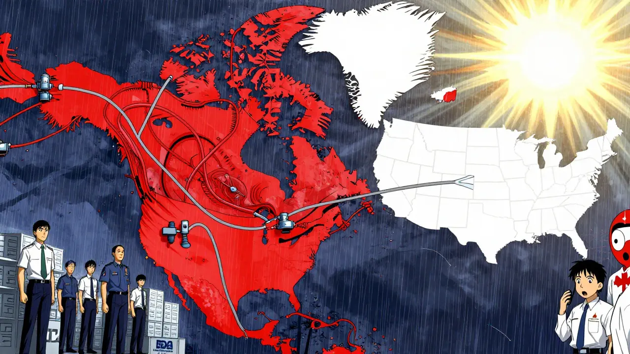 Symbolic supply chain map showing Canada's stable drug distribution vs. U.S. shortages.