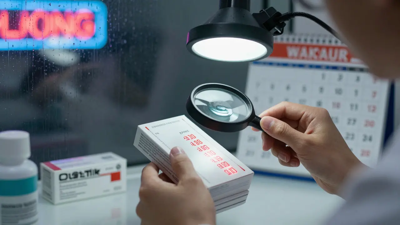 Technician scanning new generic drugs with expiry dates glowing red under lamp light.