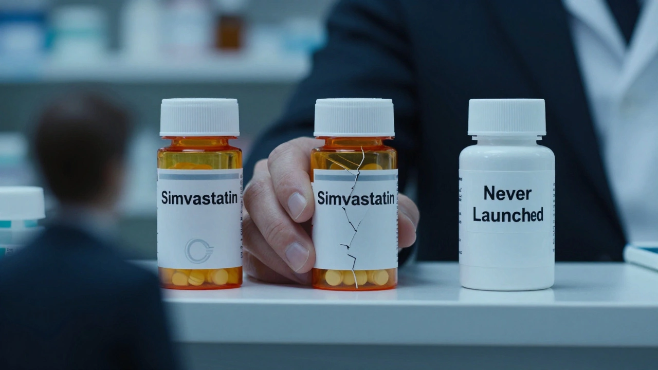 Three identical pill bottles on a shelf—one branded, one abandoned, one never launched—under watchful eyes.