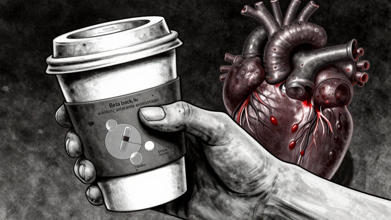 Trembling hand with overlay diagrams of beta-blockers blocking adrenaline, gritty ink style