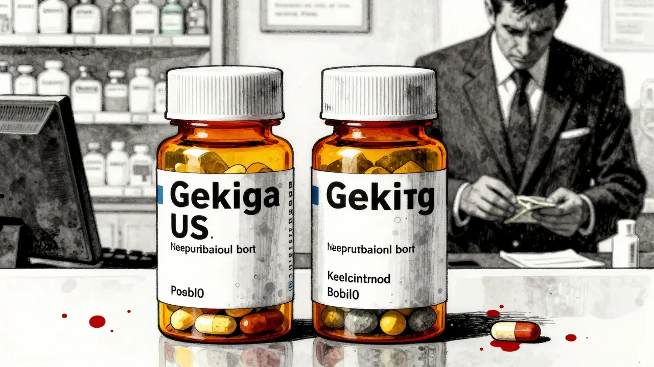 Two generic pill bottles side by side on a pharmacy counter, one visibly different, with a shadowy executive in the background.