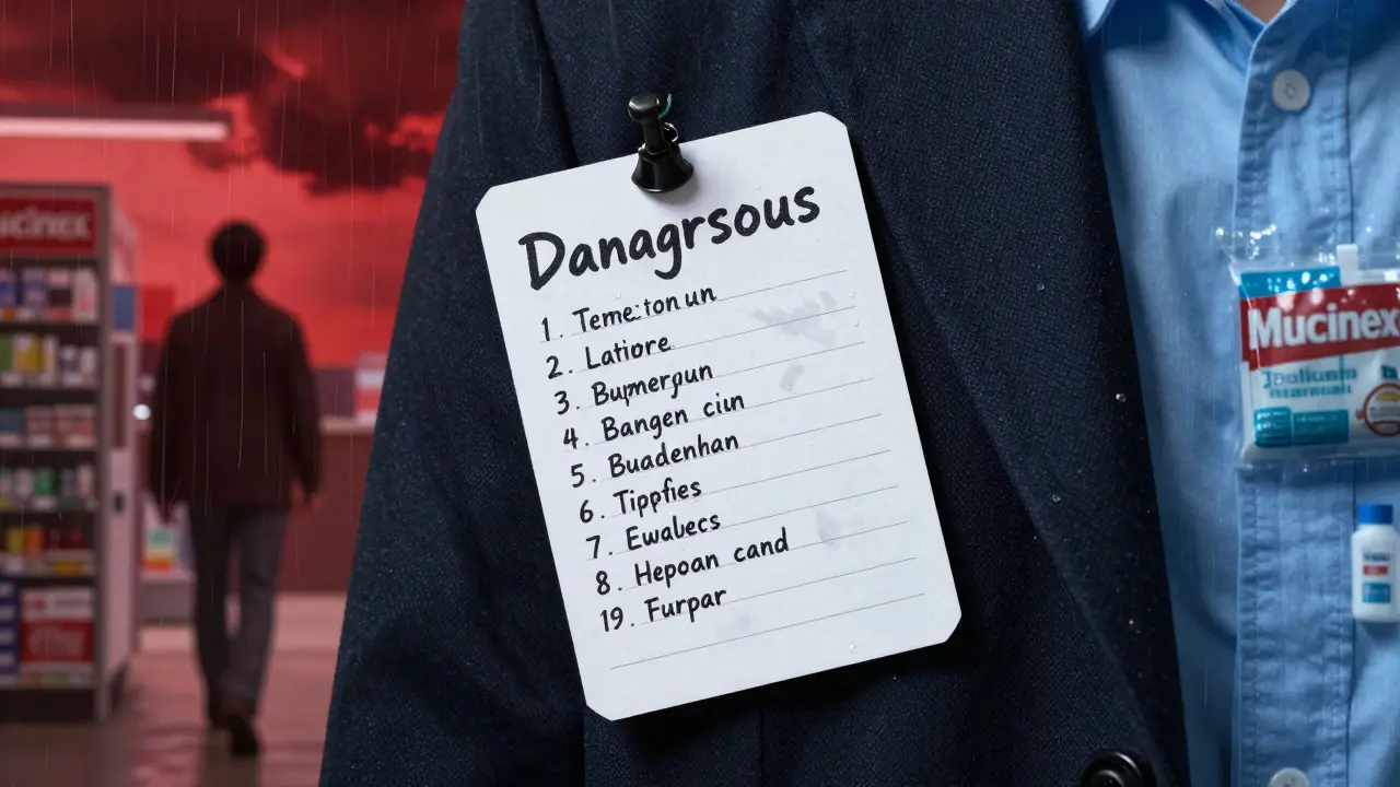Wallet card with dangerous ingredients listed, pinned to a coat, as person walks away with safe medications.
