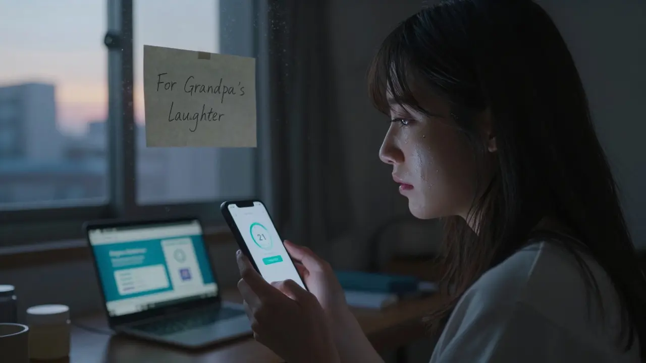 Woman with phone showing 21-day streak, holding note about loved one, dawn light outside.