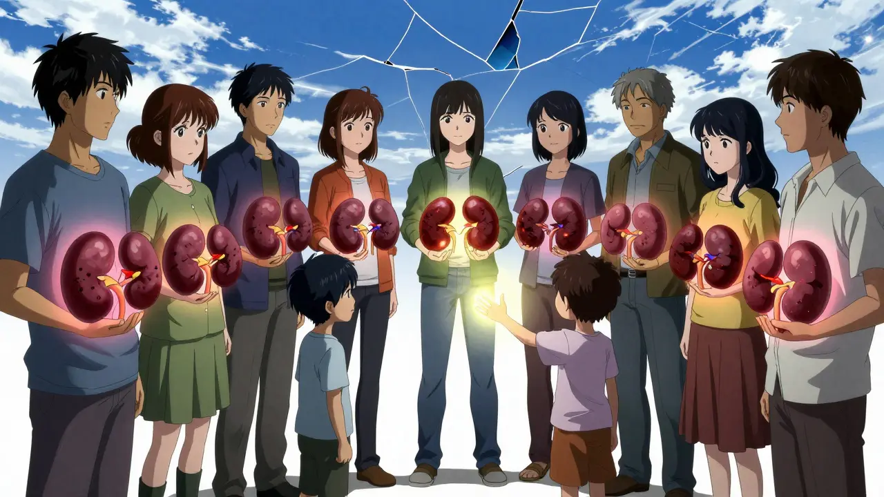 A circle of people hold glowing kidneys — some broken, some whole — as one woman reaches protectively toward a child.