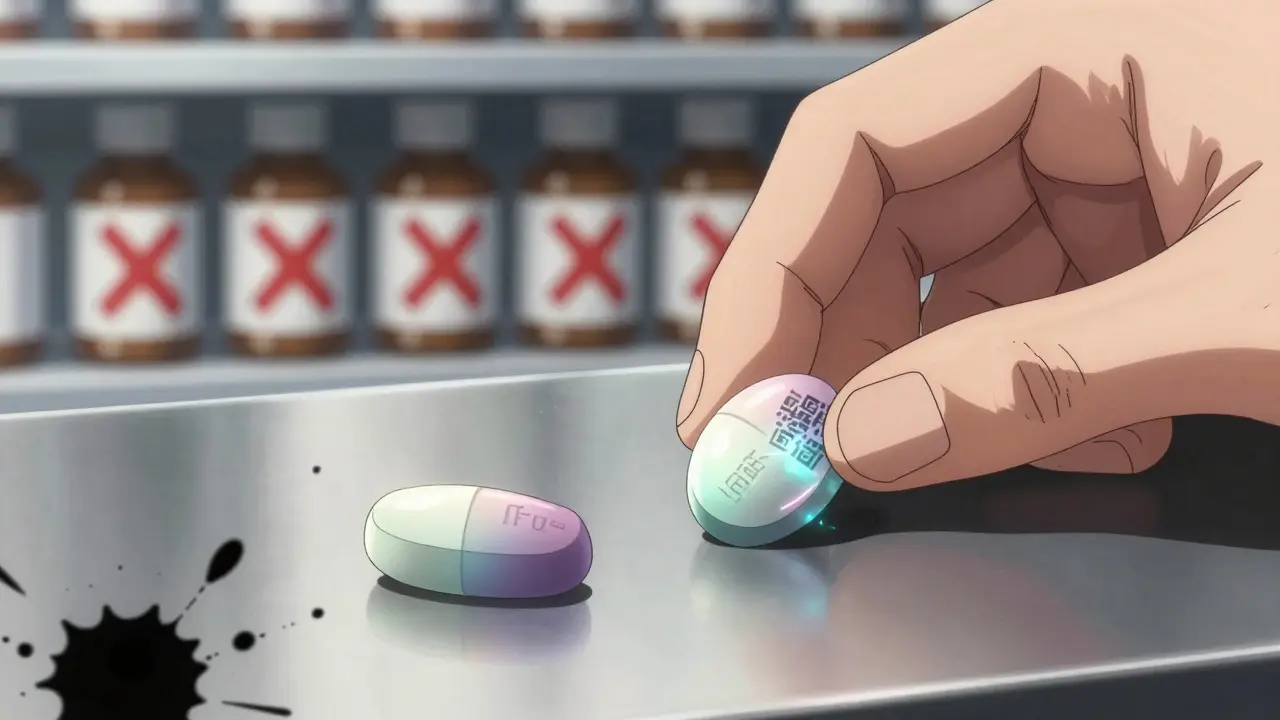 A counterfeit pill beside a genuine one, showing differences in printing and color under harsh light.