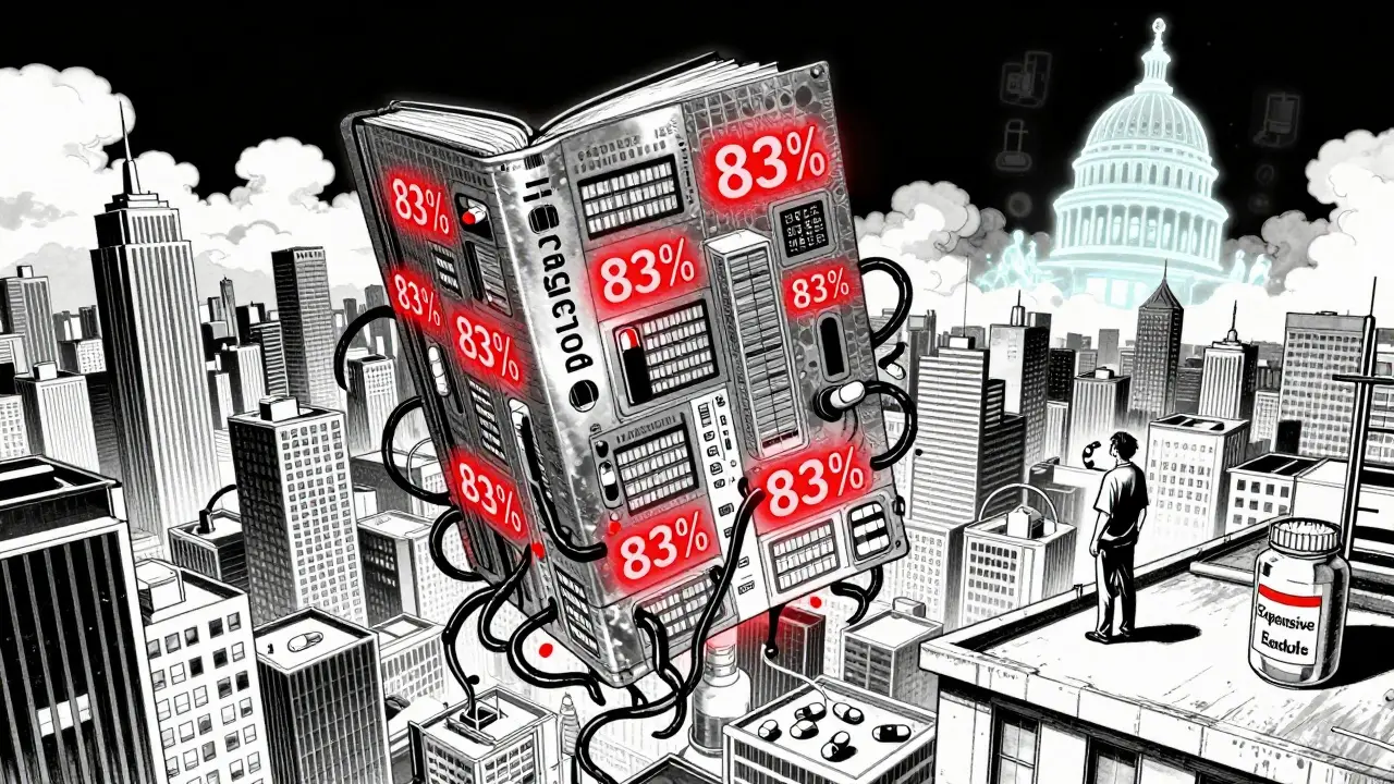A digital Orange Book shows drug patents choking generic manufacturers in a cityscape.