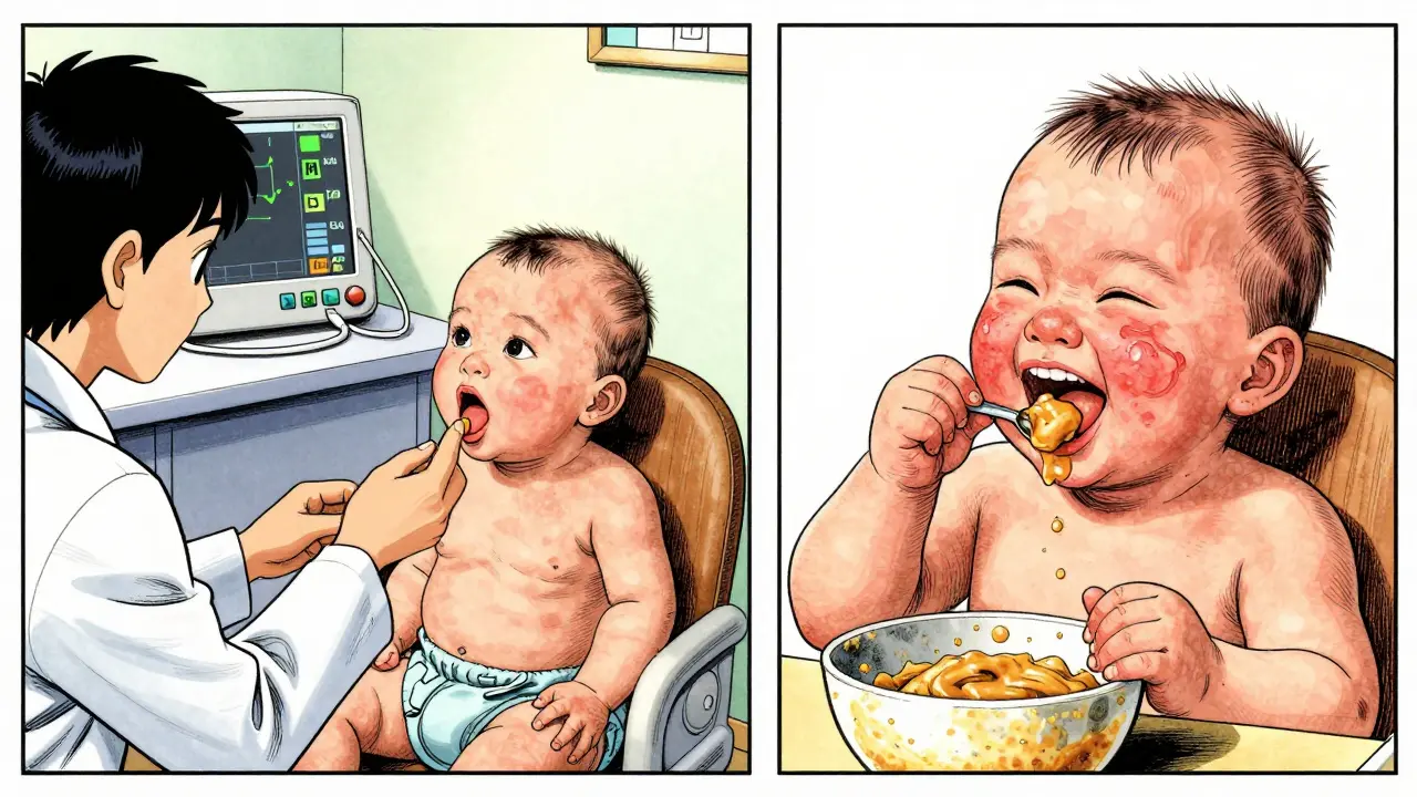 A doctor administers a peanut test to an infant with eczema, followed by the same child safely eating peanut at home.