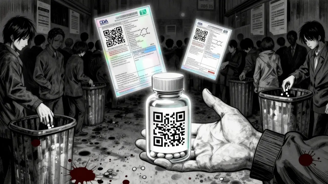 A generic pill bottle glows with holographic proof of equivalence, while others discard their meds.