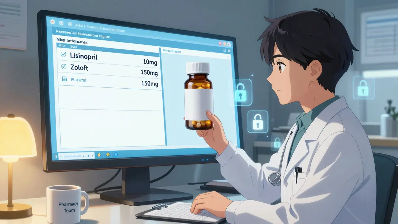 A healthcare provider reviewing a patient's accurate medication list and attached pill bottle photo on a digital screen.