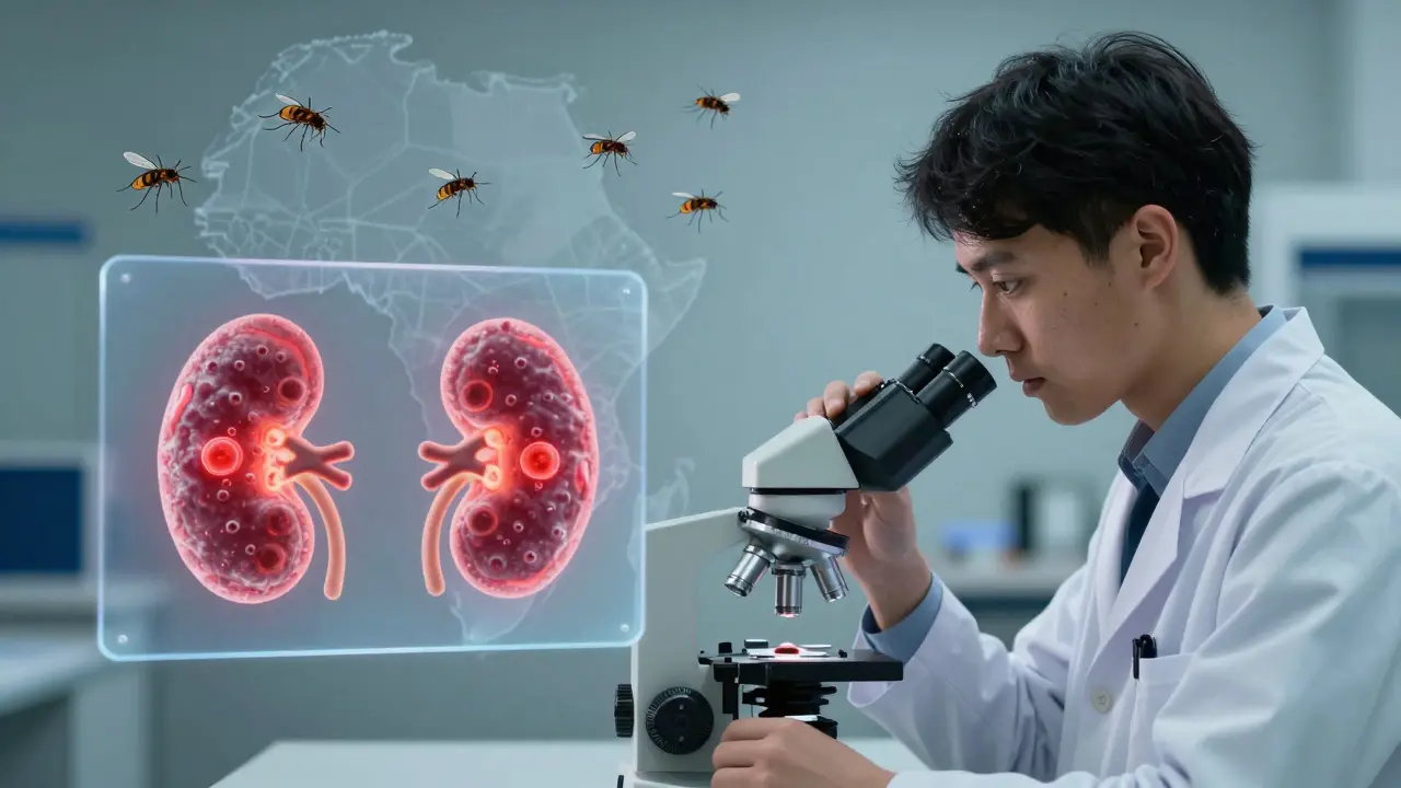 A medical student views kidney cells under a microscope, with ancestral African maps fading in the background.