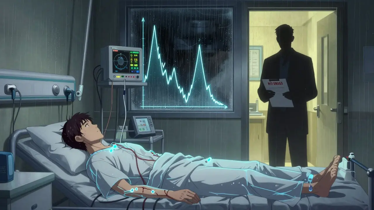 A patient in a hospital room at night with fluctuating drug levels shown as glowing lines on monitors.