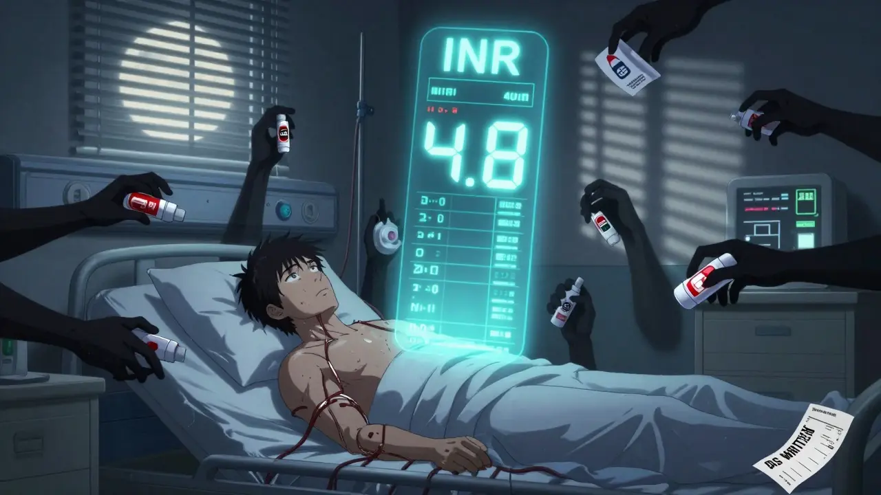 A patient in bed is haunted by a high INR reading as shadowy brand logos pull at their blood.