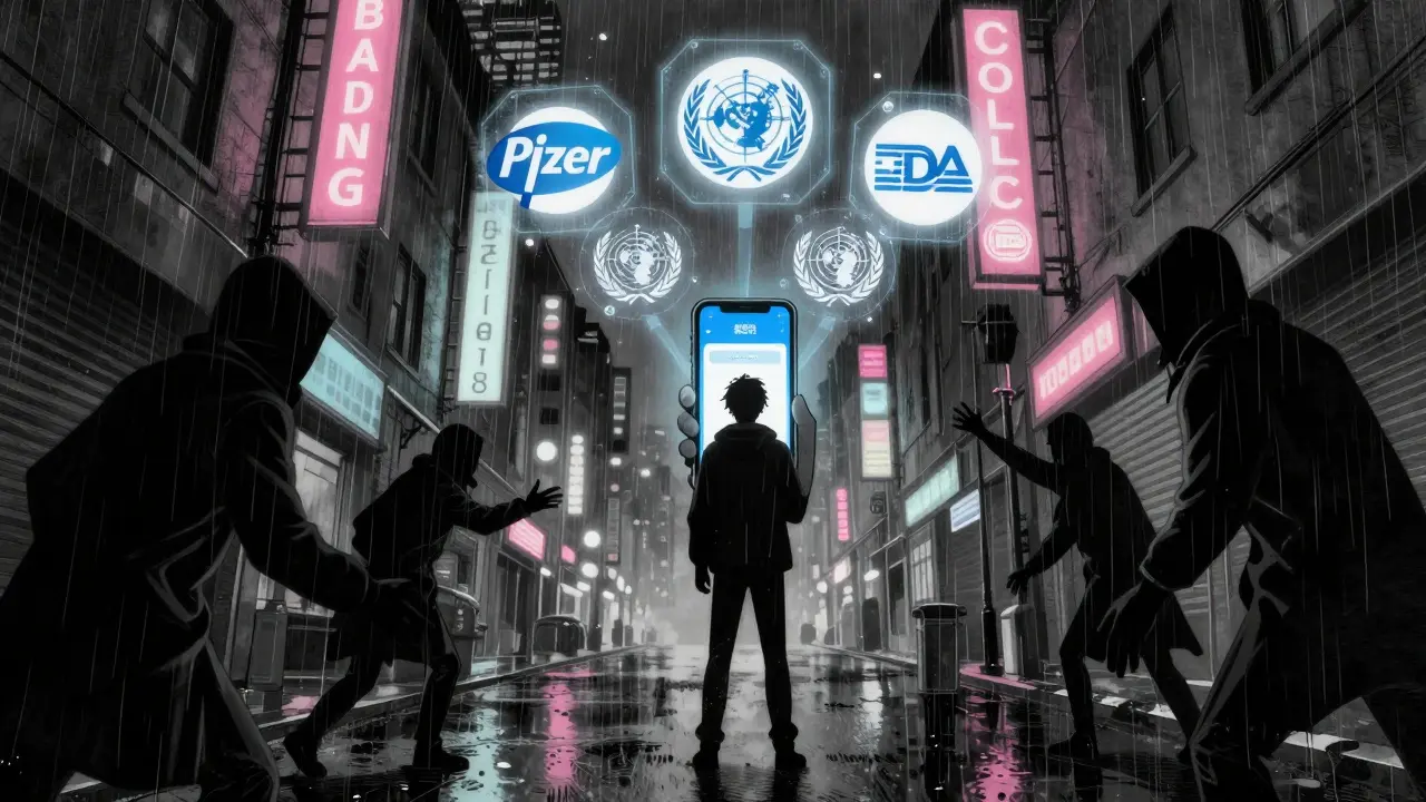 A person checks a drug verification app on their phone at night, with holographic safety logos above them.