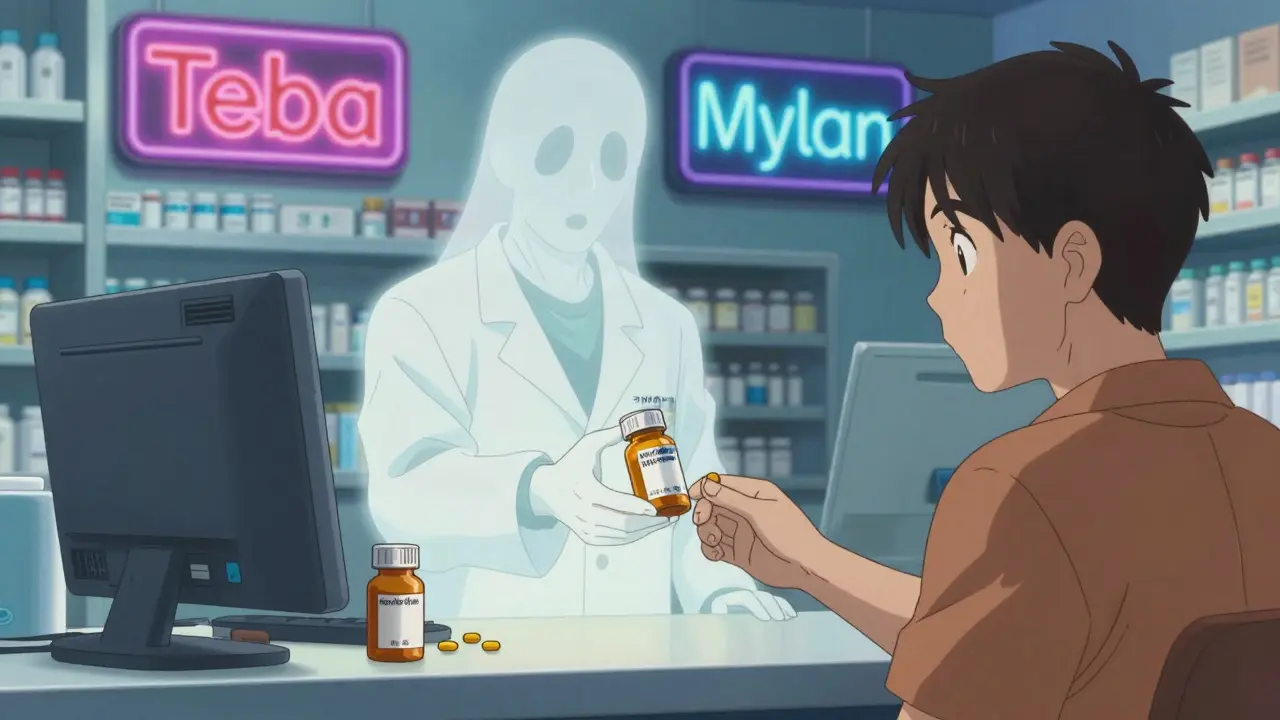 A pharmacist hands a new warfarin brand to a patient while the old one fades away.