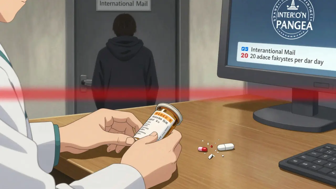 A pharmacist places a real prescription bottle next to a broken fake pill, shadowy figure escaping through international mail.