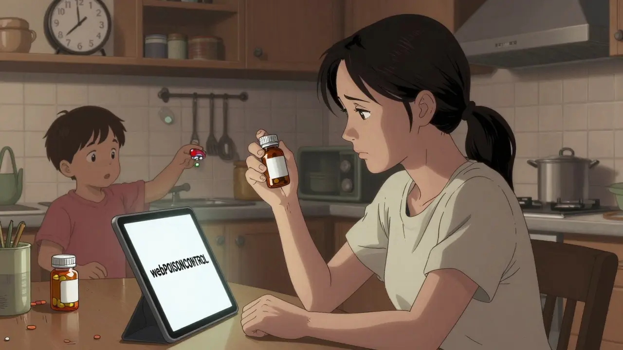 A woman consults Poison Control at the kitchen table, holding a pill bottle while a child reaches for medicine.