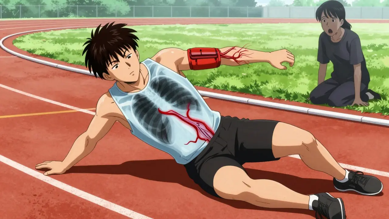 A young athlete collapsing with thickened heart muscle visible in x-ray, family watching in background.