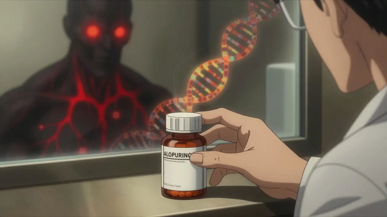 Allopurinol pill with shadowy DRESS symptoms reflected in mirror, glowing veins and viral strands.