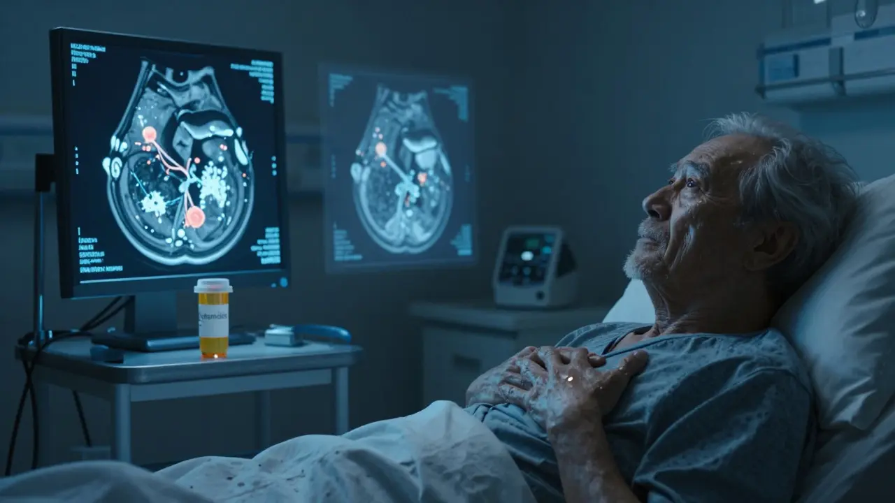 An elderly patient with amyloid deposits glowing inside the heart, surrounded by floating MRI scans.
