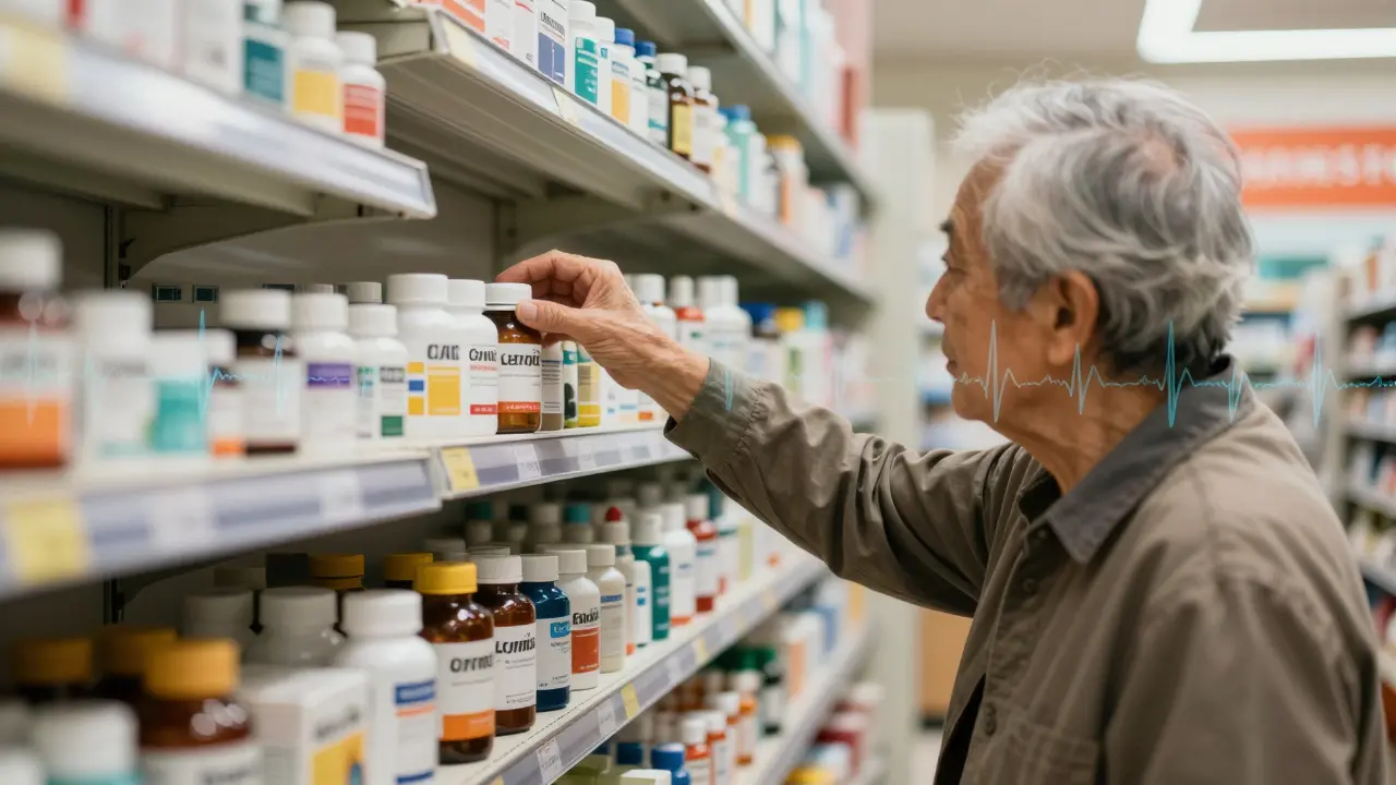 An elderly person reaching for a generic drug bottle amid shelves of identical medications, with faint medical graphs behind them.