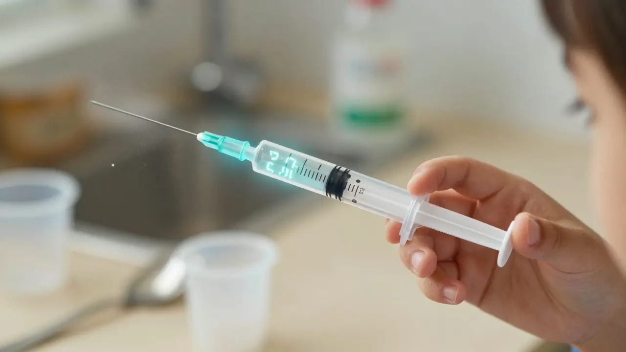 Child’s hand holding a smart syringe with digital dose confirmation, outdated measuring tools fading away.