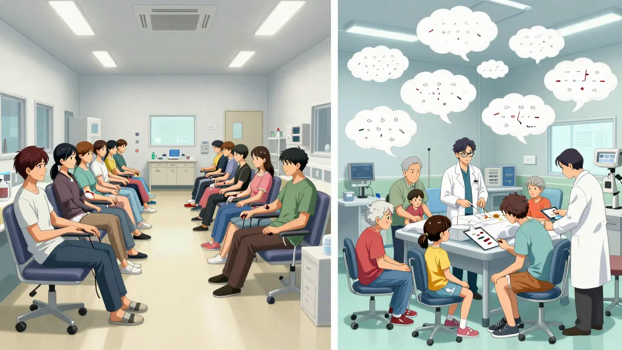 Contrasting scenes: sterile clinical trial vs. diverse ER patients with data clouds.