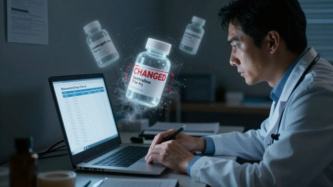 Doctor at night surrounded by floating drug tiers, one dissolving into dust.